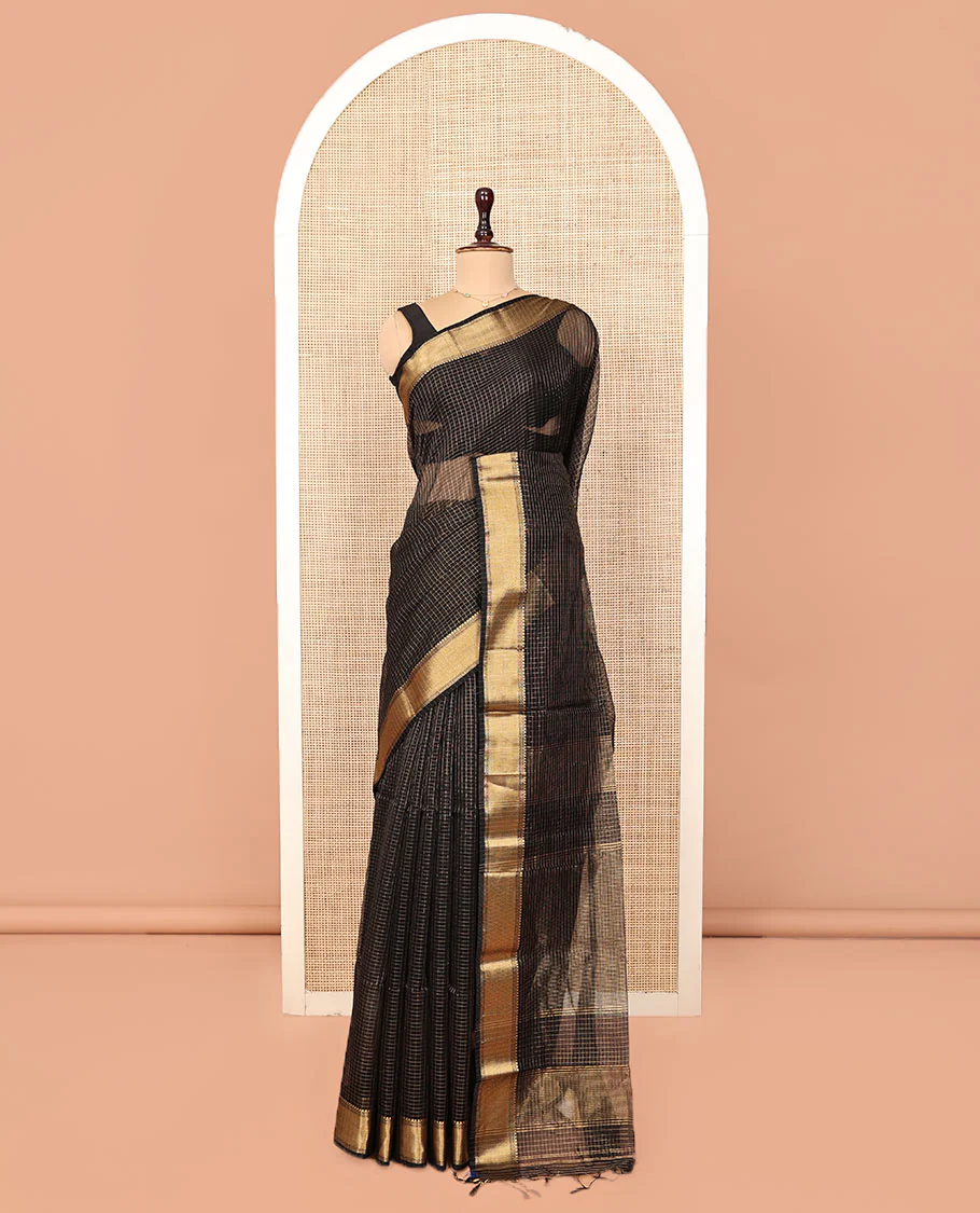 Black Maheshwari Cotton Saree, Gleamed Up with Micro-Checked Design All Over Its Body, Highlighted by Traditional Zari Border, Pallu Steeped with Zari Stripes, and Paired with a Matching Blouse - Image 3