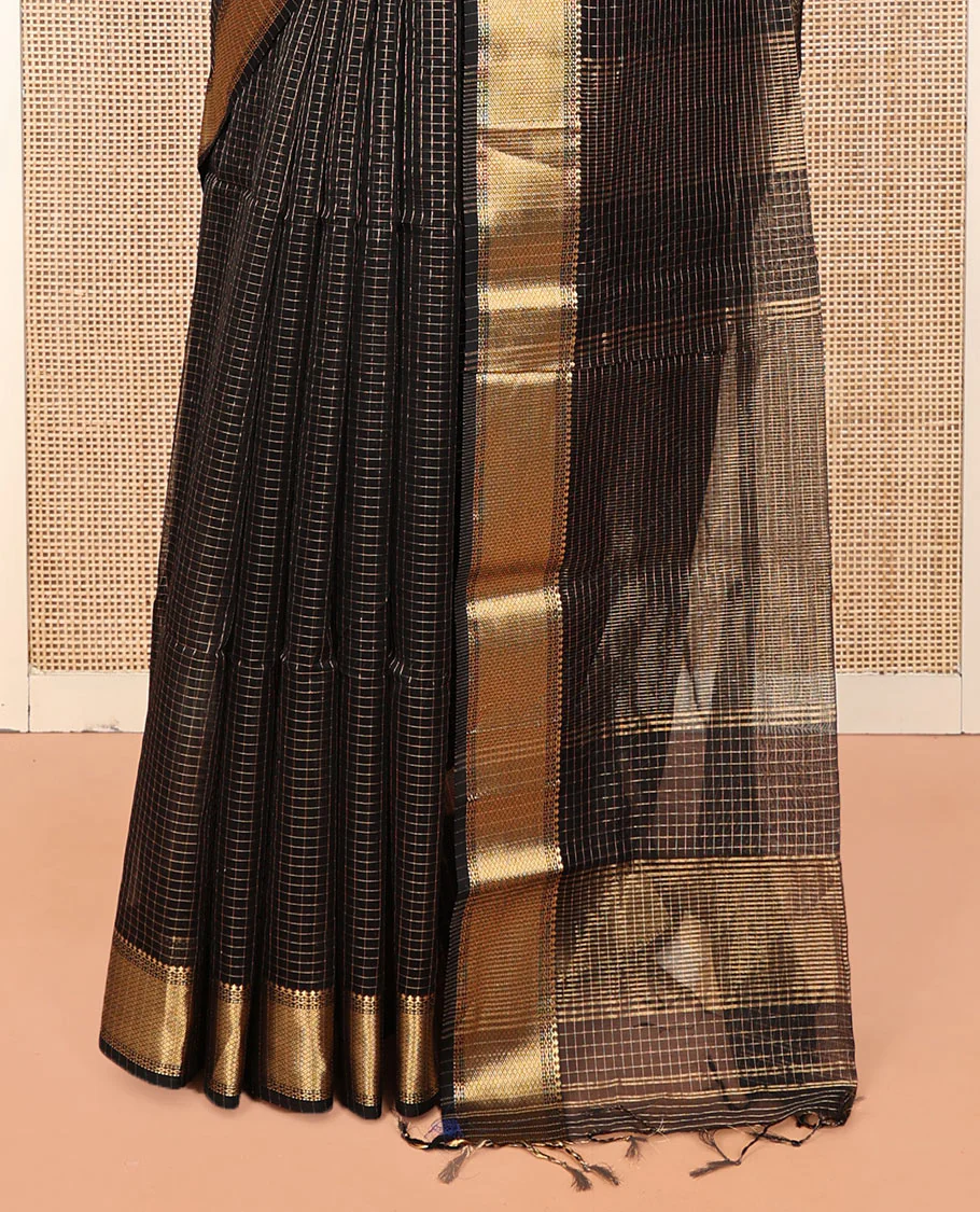 Black Maheshwari Cotton Saree, Gleamed Up with Micro-Checked Design All Over Its Body, Highlighted by Traditional Zari Border, Pallu Steeped with Zari Stripes, and Paired with a Matching Blouse - Image 4