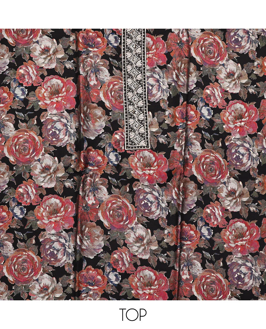 Black Material Chudidar Set, Adorned with Colorful Floral Motifs Print on Rayon Top, a Contrast Plain Cotton Bottom, and Paired with a Plain Chiffon Dupatta - Image 2