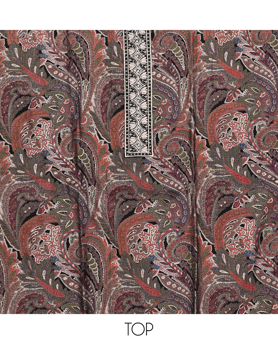 Black Material Chudidar Set, Mesmerized with Intricate Paisleys Print on Rayon Top, a Plain Cotton Bottom, and Paired with a Matching Plain Chiffon Dupatta - Image 2