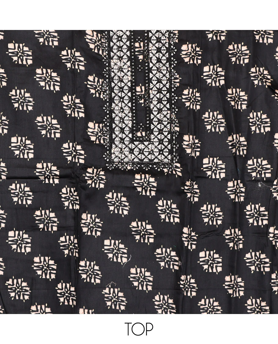 Black Material Chudidar Set, Richly Detailed with Unique Motifs Block Printed and Embroidered on Rayon Top, a Contrast Plain Cotton Bottom, and Paired with a Batik-Style Geometric Printed Chiffon Dupatta - Image 2