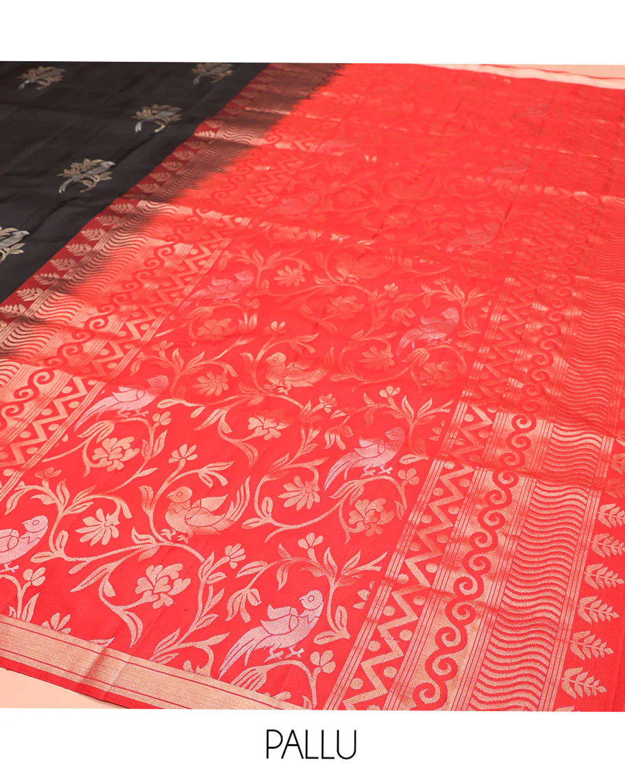 Black Mayuri Soft Silk Saree, Accentuated with Bird Buttas All Over Its Body, Subtle Zari Piping Border, Complemented by Contrast Pallu of Floral-Bird Jaal Designs, and Paired with Contrast Blouse - Image 5