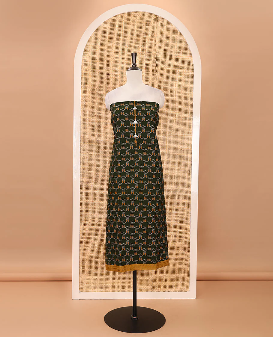 Green-mustard flex cotton material chudidar set, ikkat printed & oxidised charm woven top, contrast bottom & negative printed dupatta - Image 4