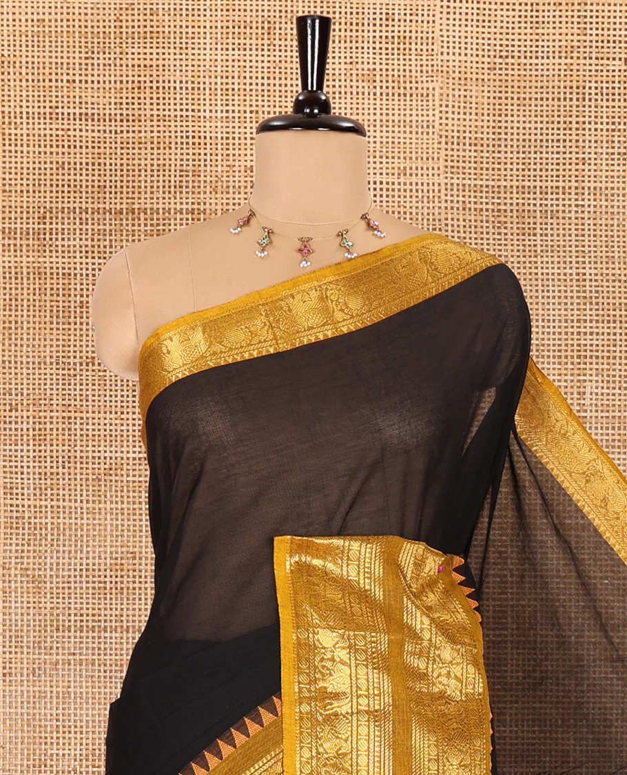 Black plain design Chettinad cotton saree, contrast temple traditional zari design border, striped pallu, and a matching blouse - Image 3