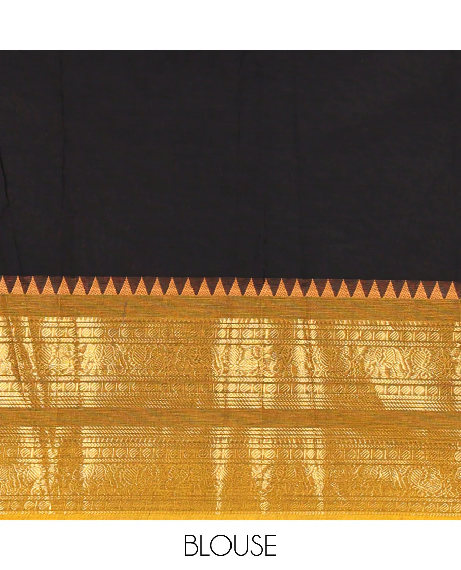 Black plain design Chettinad cotton saree, contrast temple traditional zari design border, striped pallu, and a matching blouse - Image 4