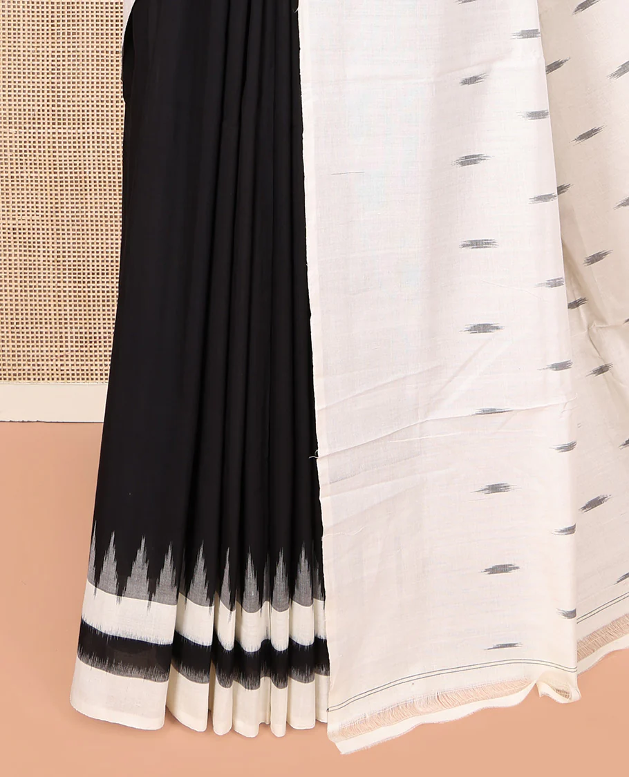 Black Plain Ikkat Cotton Saree, Complemented by a Contrast Ikkat Temple Border, Pallu Steeped with Buttas, and Paired with a Contrast Blouse - Image 3