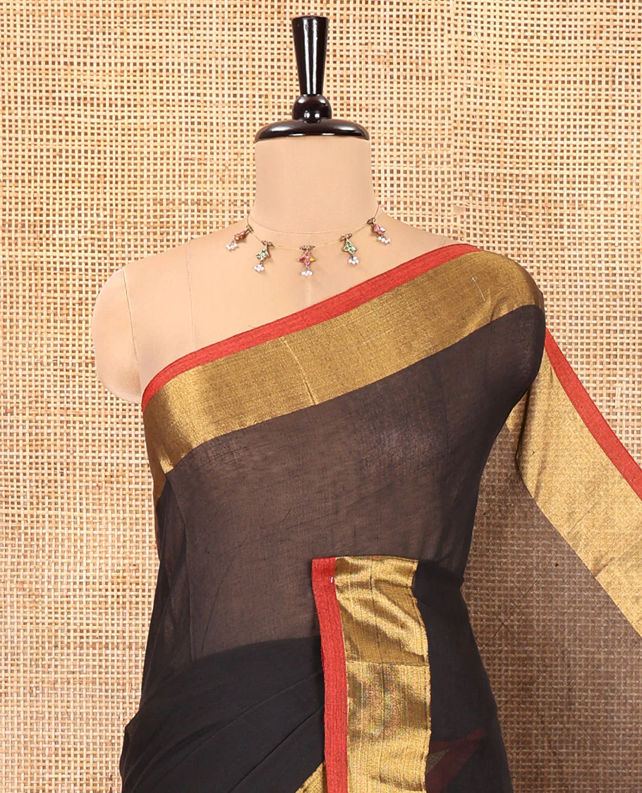 Black Plain Khadi Mul Cotton Saree, Complemented by a Contrast Zari Border, a Self-Pallu, and Paired with a Matching Blouse - Image 2