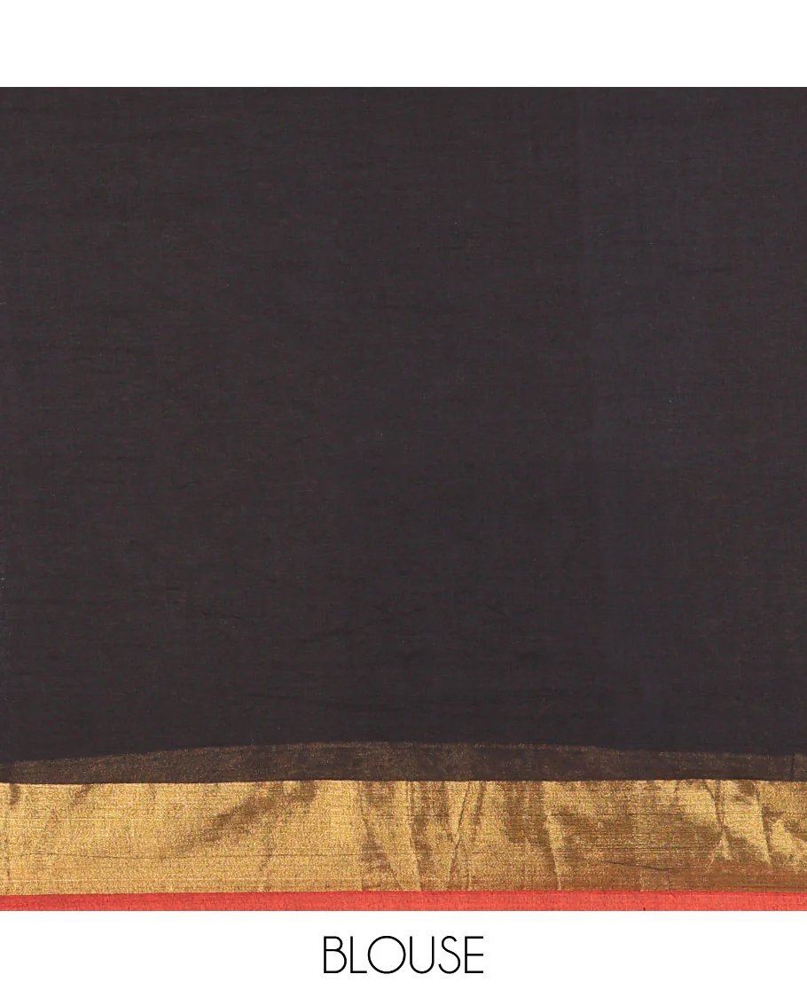 Black Plain Khadi Mul Cotton Saree, Complemented by a Contrast Zari Border, a Self-Pallu, and Paired with a Matching Blouse - Image 3