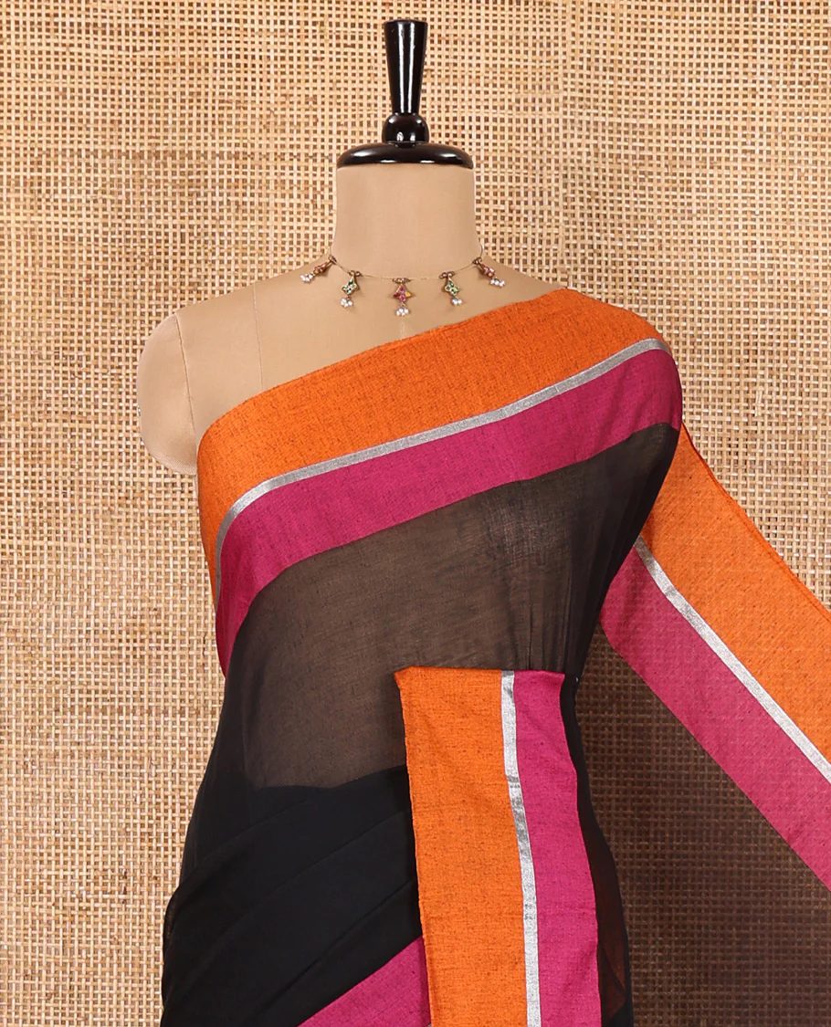 Black Plain Khadi Mul Cotton Saree, Complemented by Contrast Pink-Orange Border, Self-Pallu, and Paired with a Matching Blouse - Image 2