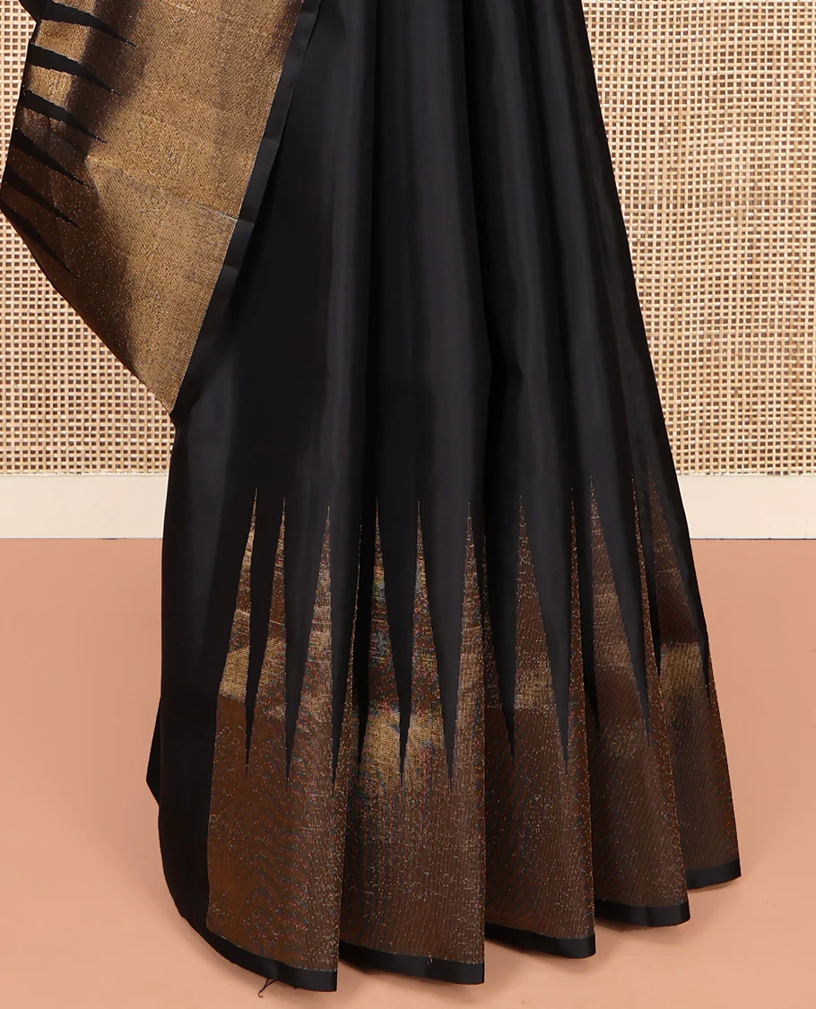 Black Plain Mayuri Soft Silk Saree, Spotlighted with Temple Zari Border, Geometric Patterned Pallu and Paired with a Matching Blouse - Image 4