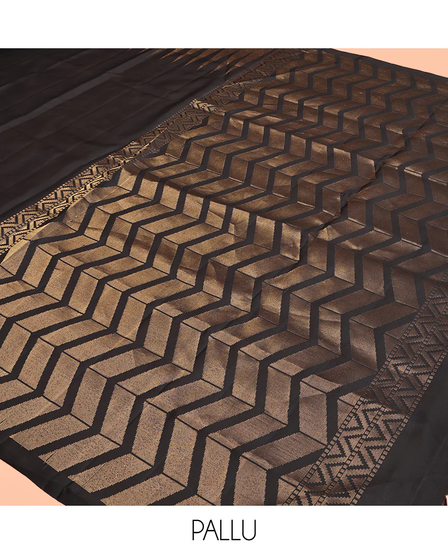 Black Plain Mayuri Soft Silk Saree, Spotlighted with Temple Zari Border, Geometric Patterned Pallu and Paired with a Matching Blouse - Image 5