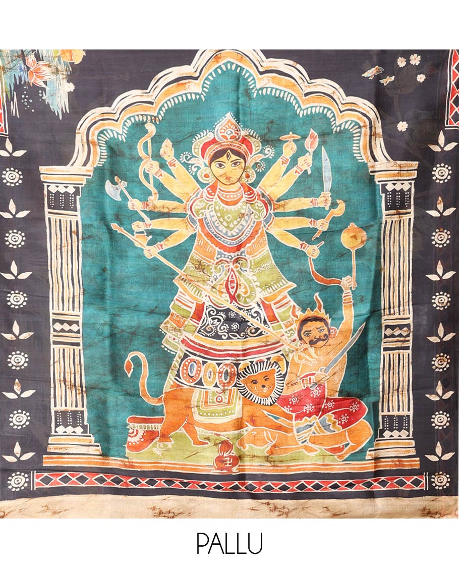 Black Printed Silk Saree Adorned with Colorful Floral Motifs Printed All Across Its Body, Highlighted with a Contrast Geometric Printed Border, Pallu Depicting the Darwing of Goddess Durga Killing Mahishasura, and Attached with a Printed Blouse - Image 2