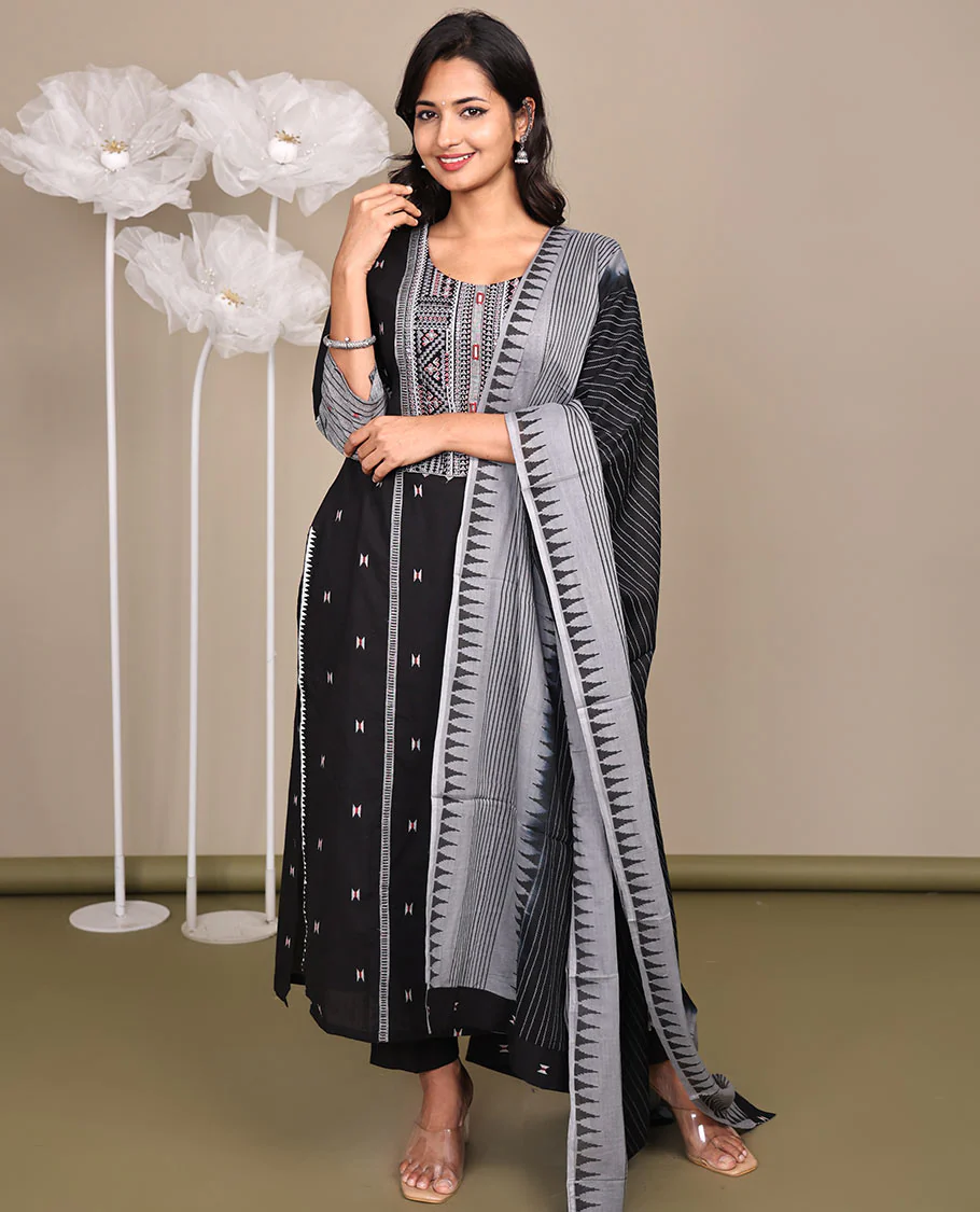 Black Ready-Made Cotton Suit, Delicately Woven with Geometric Weave, 3/4 Sleeves, and a Straight-Cut Top, Paired with Straight-Cut Pants and a Contrast Temple and Striped Dupatta - Image 3