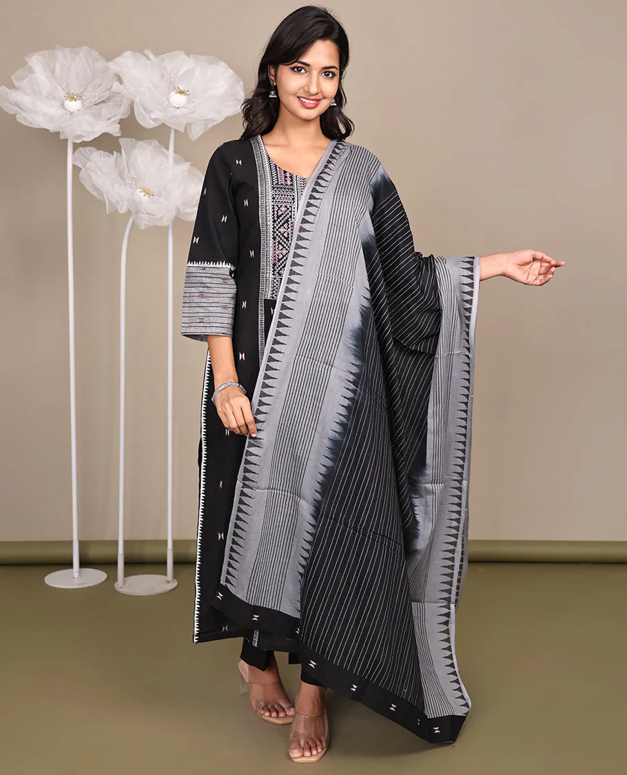 Black Ready-Made Cotton Suit, Delicately Woven with Geometric Weave, 3/4 Sleeves, and a Straight-Cut Top, Paired with Straight-Cut Pants and a Contrast Temple and Striped Dupatta - Image 4