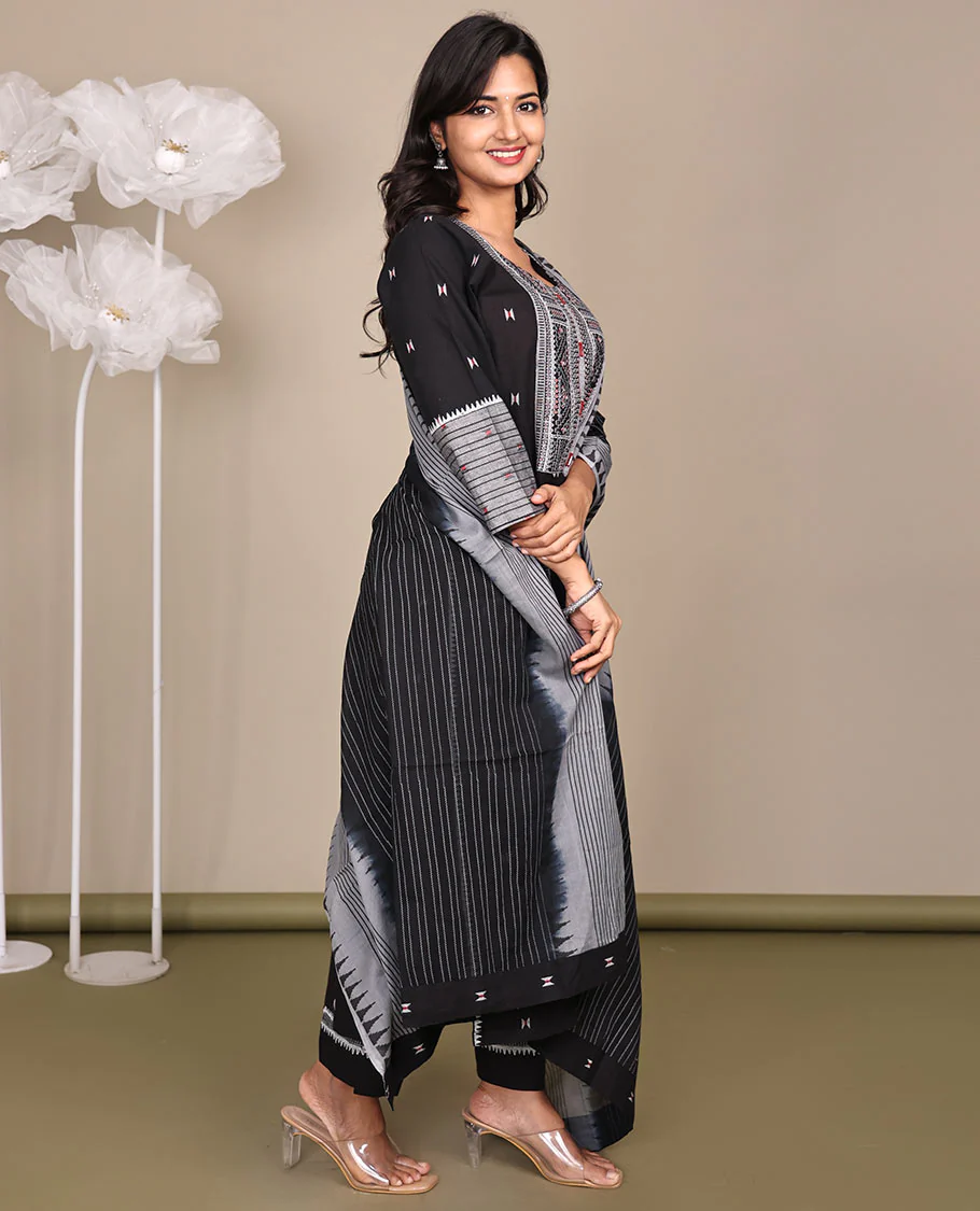 Black Ready-Made Cotton Suit, Delicately Woven with Geometric Weave, 3/4 Sleeves, and a Straight-Cut Top, Paired with Straight-Cut Pants and a Contrast Temple and Striped Dupatta - Image 6