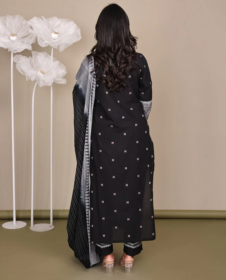 Black Ready-Made Cotton Suit, Delicately Woven with Geometric Weave, 3/4 Sleeves, and a Straight-Cut Top, Paired with Straight-Cut Pants and a Contrast Temple and Striped Dupatta - Image 7