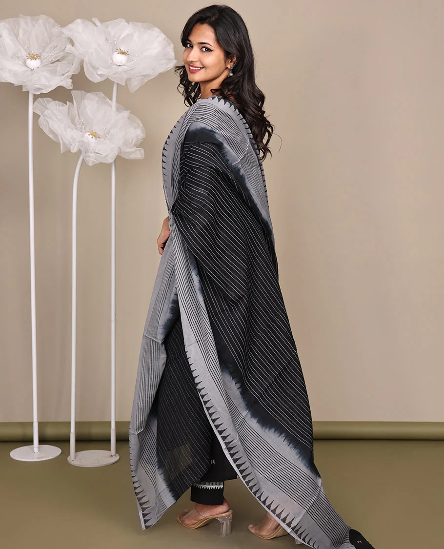 Black Ready-Made Cotton Suit, Delicately Woven with Geometric Weave, 3/4 Sleeves, and a Straight-Cut Top, Paired with Straight-Cut Pants and a Contrast Temple and Striped Dupatta - Image 8