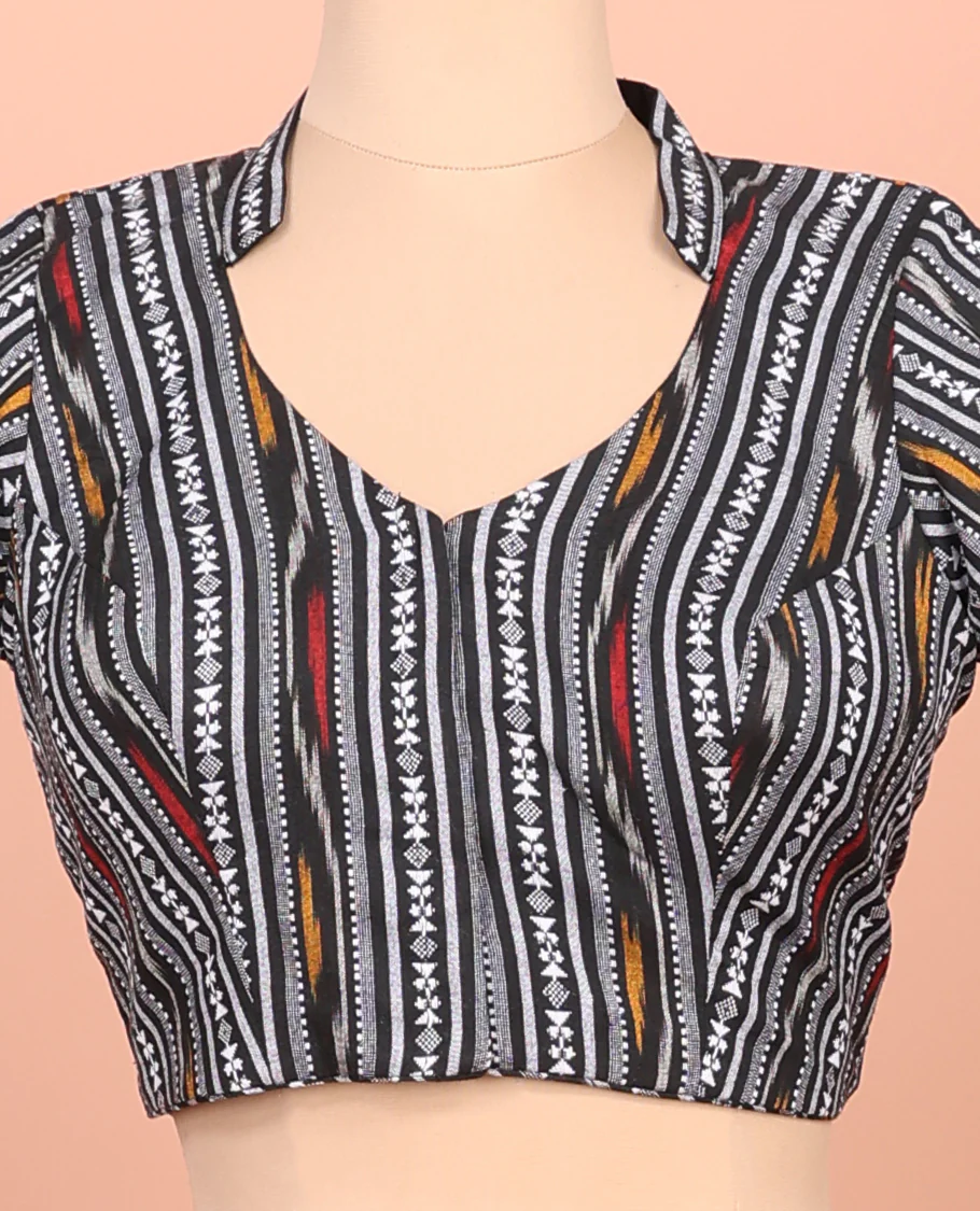 Black Readymade Blouse Featuring Geometric Patterns, a Front Leaf-Neck, Back Collared-Neck, and Elbow Sleeves - Image 3