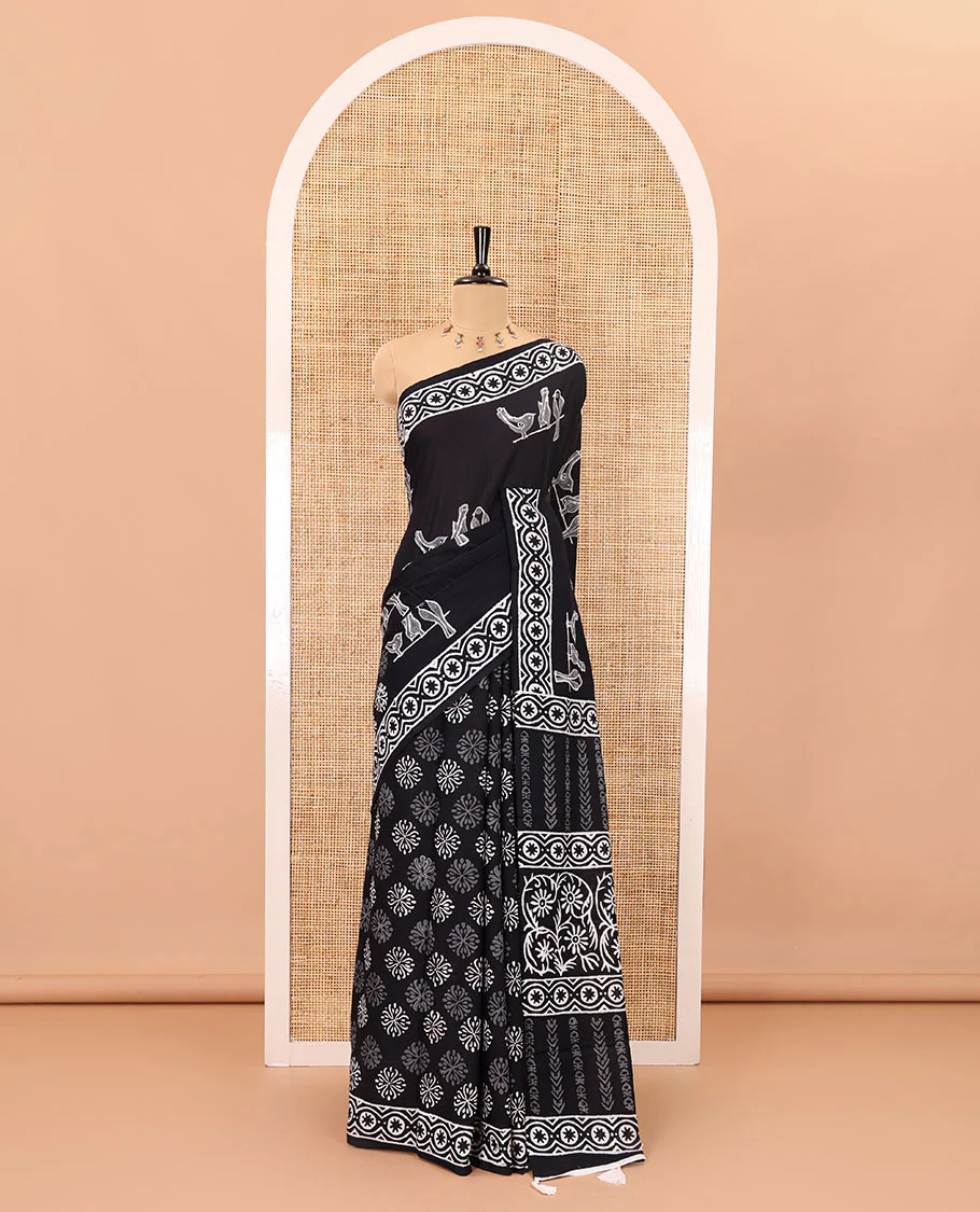 Black sparrow motifs hand block printed soft mul cotton, block printed border, pallu of floral-geometric print, and a hand block printed blouse - Image 2