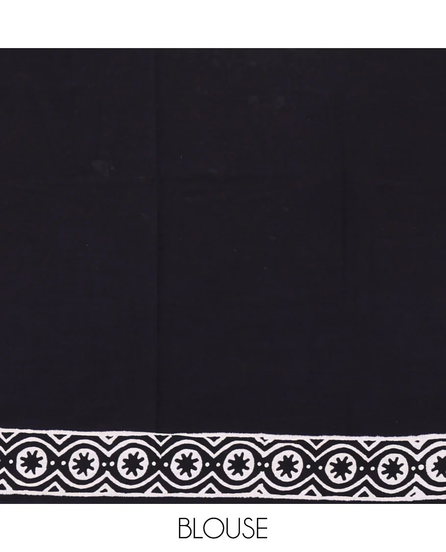 Black sparrow motifs hand block printed soft mul cotton, block printed border, pallu of floral-geometric print, and a hand block printed blouse - Image 4