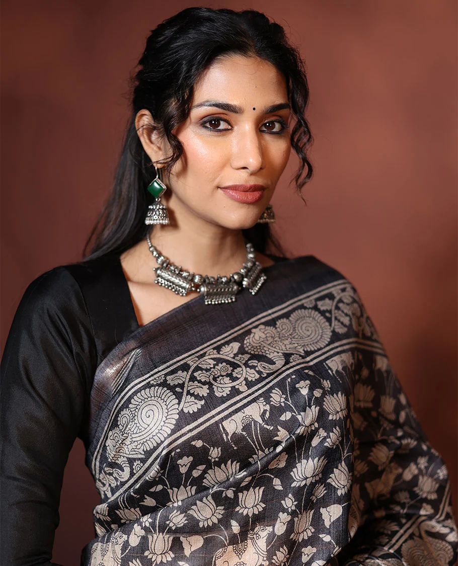 Black Tussar Saree Artfully Printed with Pichwai Cow and Lotus Motifs All Over Its Body, Subtly Made Self-Border of Kalamkari Floral-Peacock Print, Pallu Mirroring Pichwai Cow-Lotus Print, and Paired with a Plain Blouse - Image 3