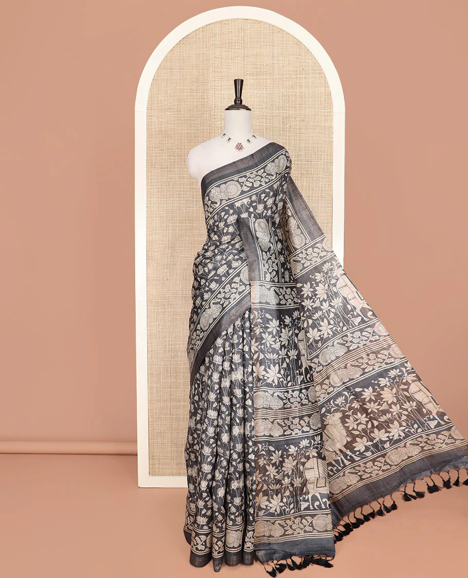 Black Tussar Saree Artfully Printed with Pichwai Cow and Lotus Motifs All Over Its Body, Subtly Made Self-Border of Kalamkari Floral-Peacock Print, Pallu Mirroring Pichwai Cow-Lotus Print, and Paired with a Plain Blouse - Image 4