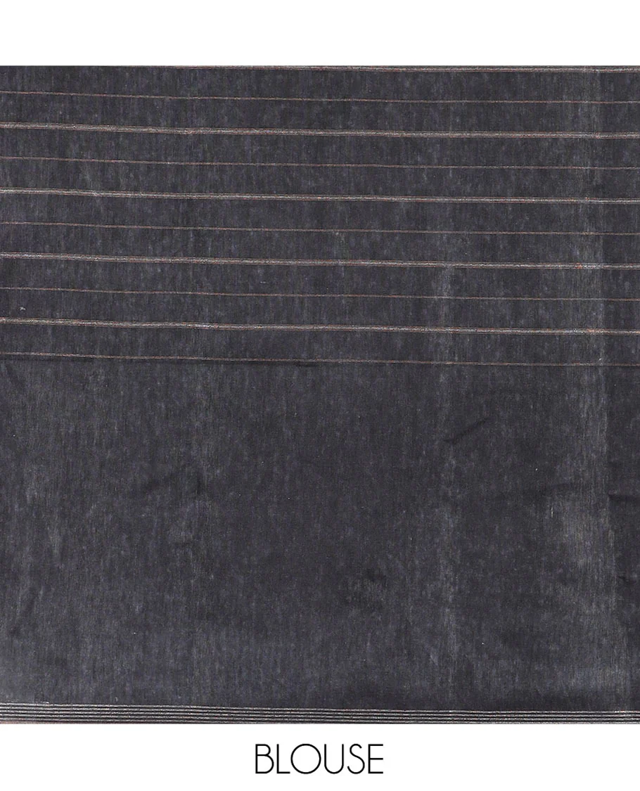 Black Tussar Saree Artfully Printed with Pichwai Cow and Lotus Motifs All Over Its Body, Subtly Made Self-Border of Kalamkari Floral-Peacock Print, Pallu Mirroring Pichwai Cow-Lotus Print, and Paired with a Plain Blouse - Image 5