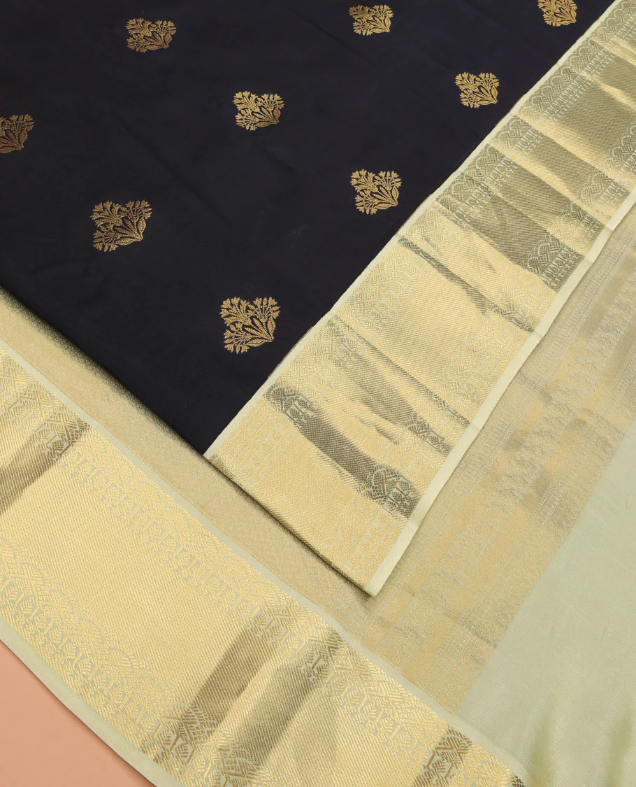 Black Vasundhara Lite Silk Mix Saree Gleamed Up with Floral Zari Buttas, Complemented by a Contrast Border of Salngai, Paisa, and Thilakam Designs, Zari Woven Pallu, and a Contrast Blouse - Image 2