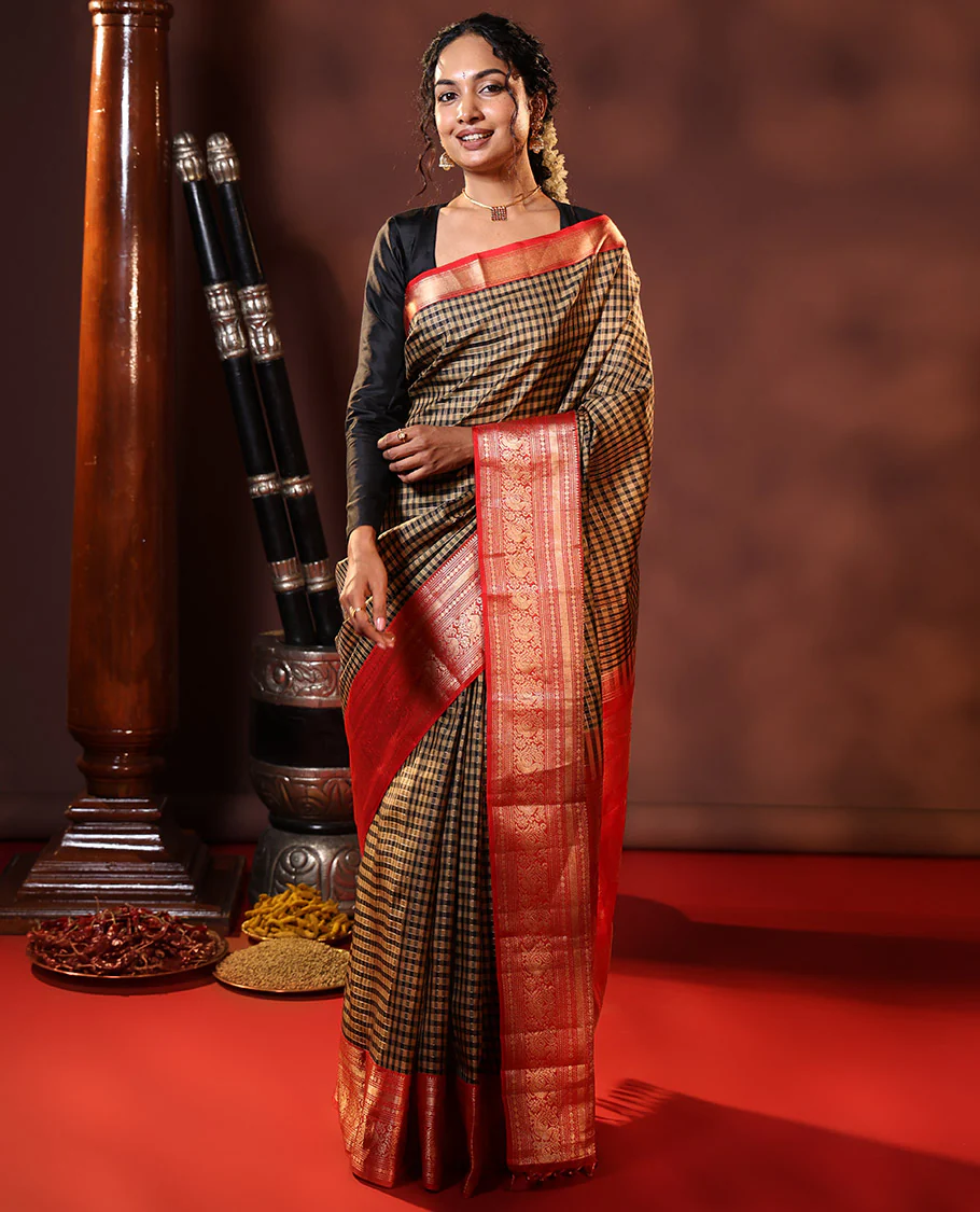 Black Vasundhara Silk Saree Embellished with Checks All Over Its Body, Complemented by Contrast Border of Rekku, Neli, Rudraksham, Kathir, and Mayil Designs, a Grand Pallu of Intricate Designs, and Paired with a Contrast Blouse - Image 3