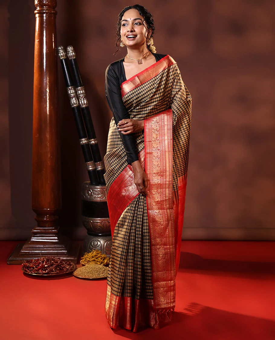 Black Vasundhara Silk Saree Embellished with Checks All Over Its Body, Complemented by Contrast Border of Rekku, Neli, Rudraksham, Kathir, and Mayil Designs, a Grand Pallu of Intricate Designs, and Paired with a Contrast Blouse - Image 4