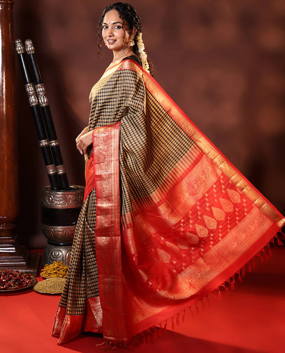Black Vasundhara Silk Saree Embellished with Checks All Over Its Body, Complemented by Contrast Border of Rekku, Neli, Rudraksham, Kathir, and Mayil Designs, a Grand Pallu of Intricate Designs, and Paired with a Contrast Blouse - Image 5