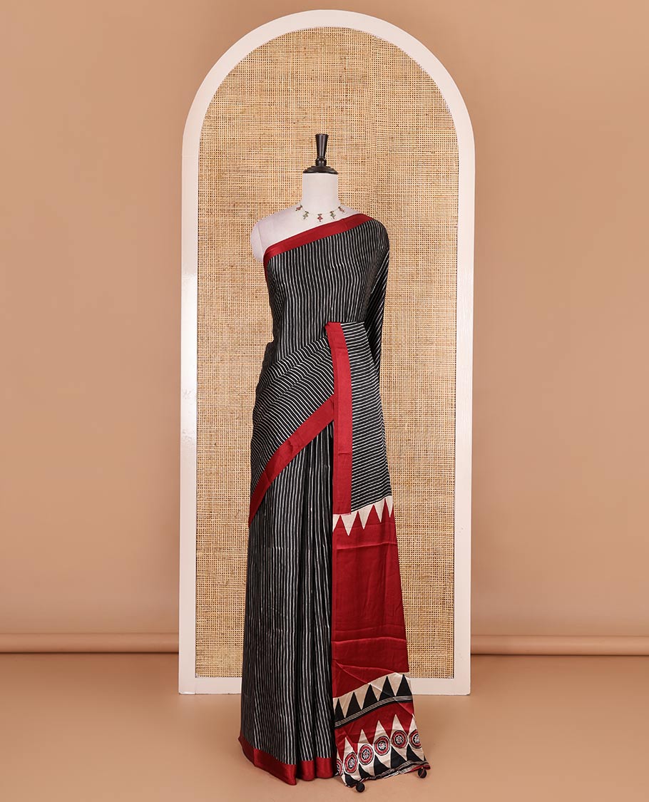 Black vertical striped gaji silk saree, contrast plain border, ajrakh printed pallu and contrast plain blouse - Image 2
