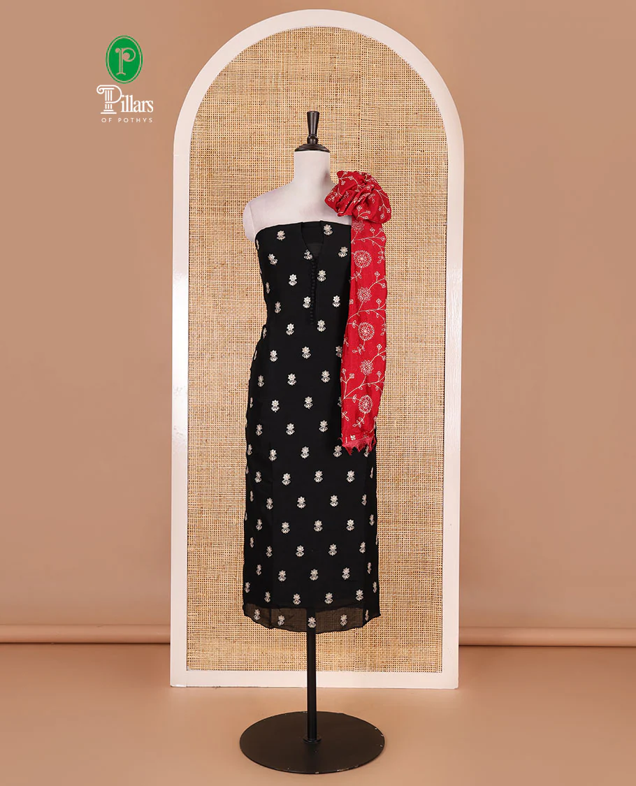 Black Vichitra silk material churidar set, floral motifs embroidered top, contrast Santoon bottom, and floral vine thread embroidered scallop dupatta