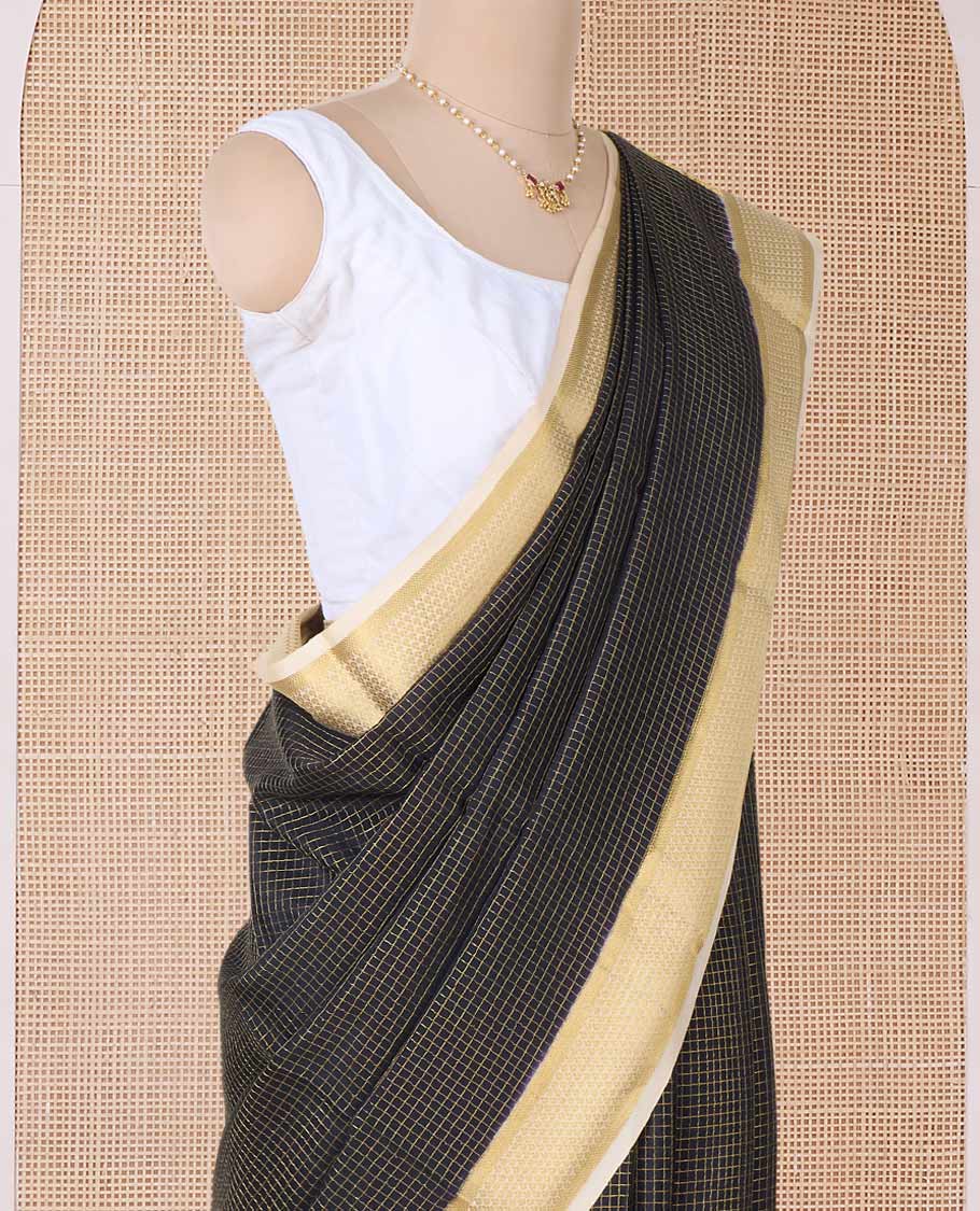 Black zari checked Mysore silk saree, contrast traditional zari border, and zari design pallu - Image 3