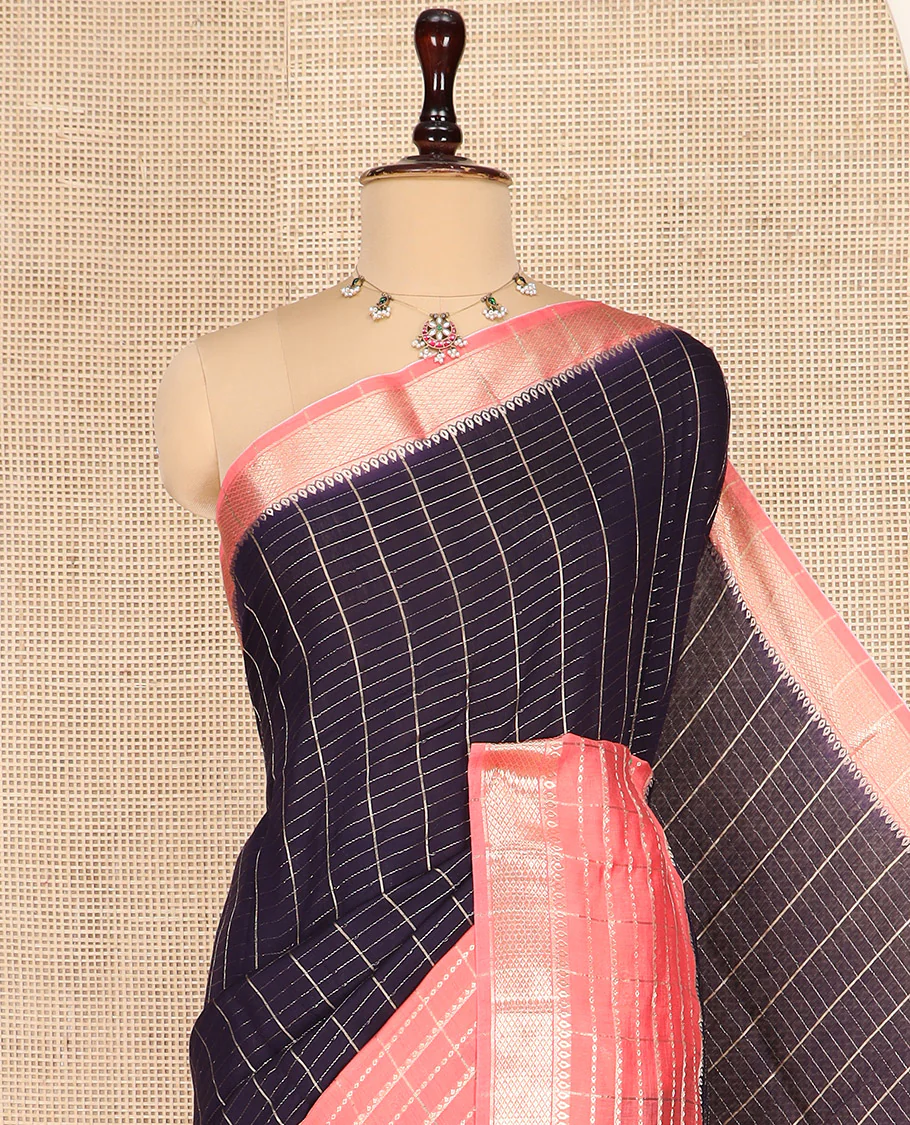 Blue Assam Silk Saree, Prettified with Zari Checks on Its Body, Complemented by a Contrast Traditional Zari Design Woven Border, Sparkling Pallu of Zari Stripes, and Paired with a Contrast Blouse - Image 2