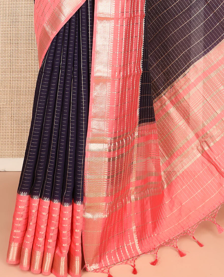 Blue Assam Silk Saree, Prettified with Zari Checks on Its Body, Complemented by a Contrast Traditional Zari Design Woven Border, Sparkling Pallu of Zari Stripes, and Paired with a Contrast Blouse - Image 3