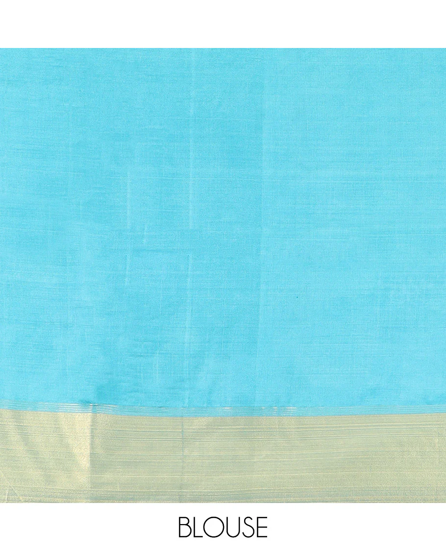 Blue Banana Pith Saree Elegantly Framed with Zari Buttas, Artfully Detailed Border with Zari Designs, Gleaming Zari Stripes Woven Pallu, and Paired with a Matching Plain Blouse - Image 5