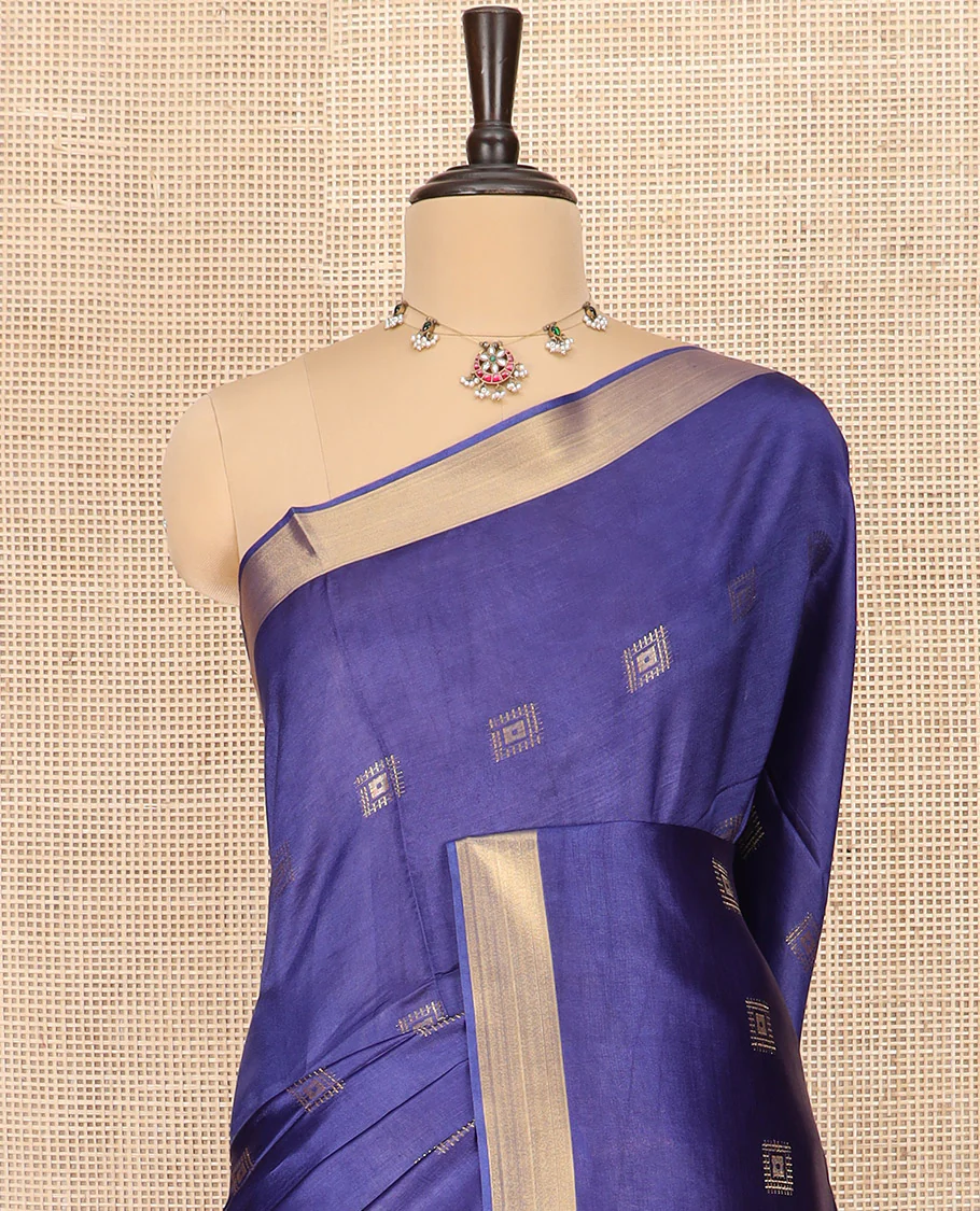 Blue Banana Pith Saree Spotlighted with Square Zari Buttas, Bavanji Border, Gleaming Zari Striped Pallu, and Paired with a Matching Plain Blouse - Image 2