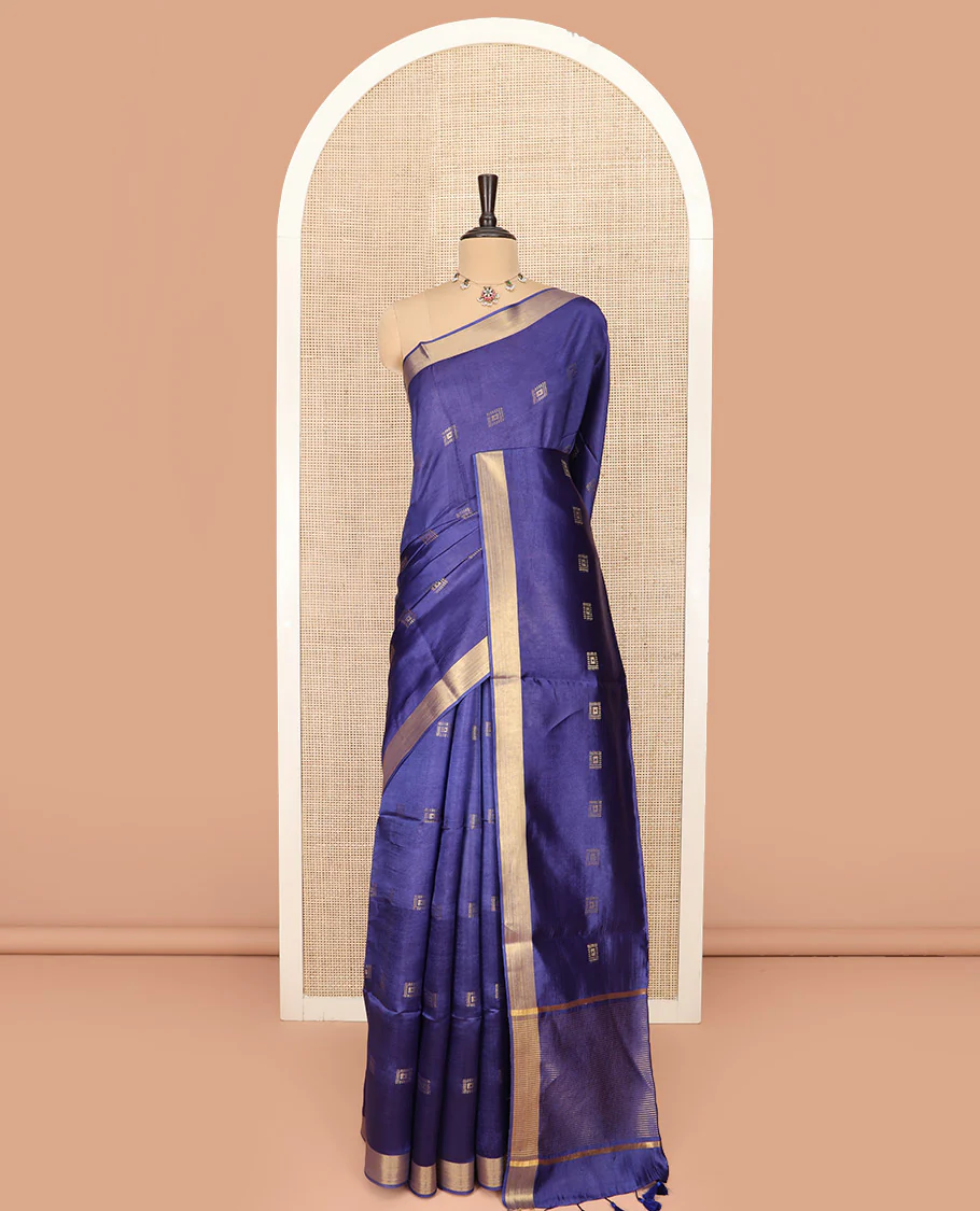 Blue Banana Pith Saree Spotlighted with Square Zari Buttas, Bavanji Border, Gleaming Zari Striped Pallu, and Paired with a Matching Plain Blouse - Image 3