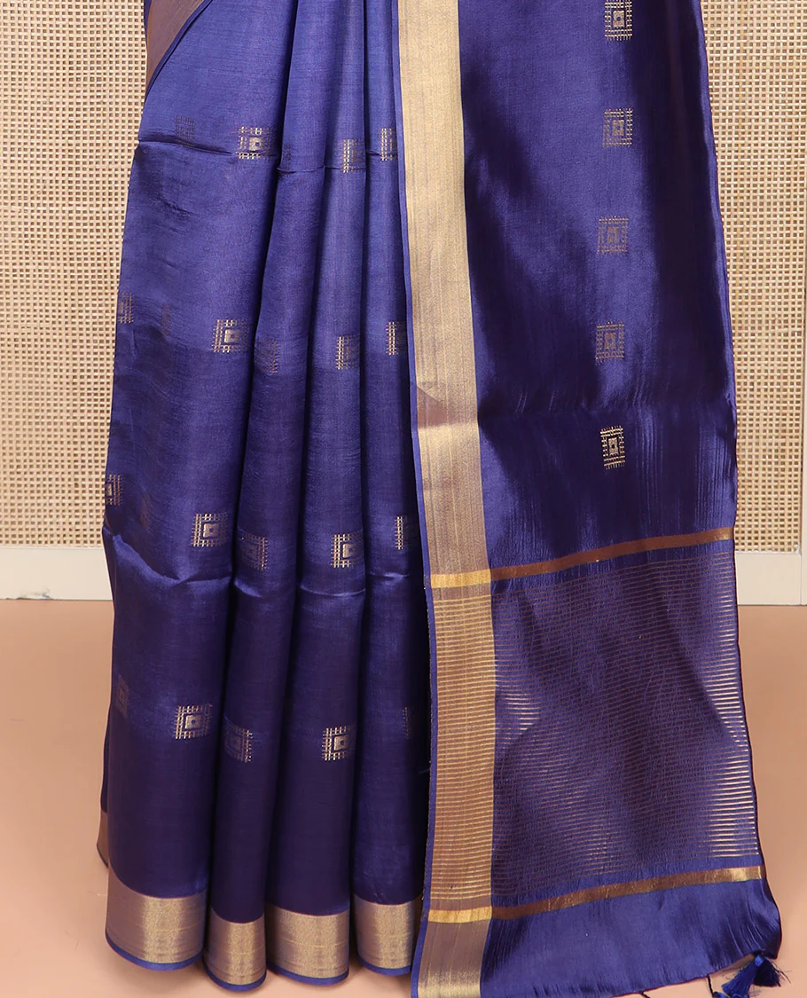 Blue Banana Pith Saree Spotlighted with Square Zari Buttas, Bavanji Border, Gleaming Zari Striped Pallu, and Paired with a Matching Plain Blouse - Image 4