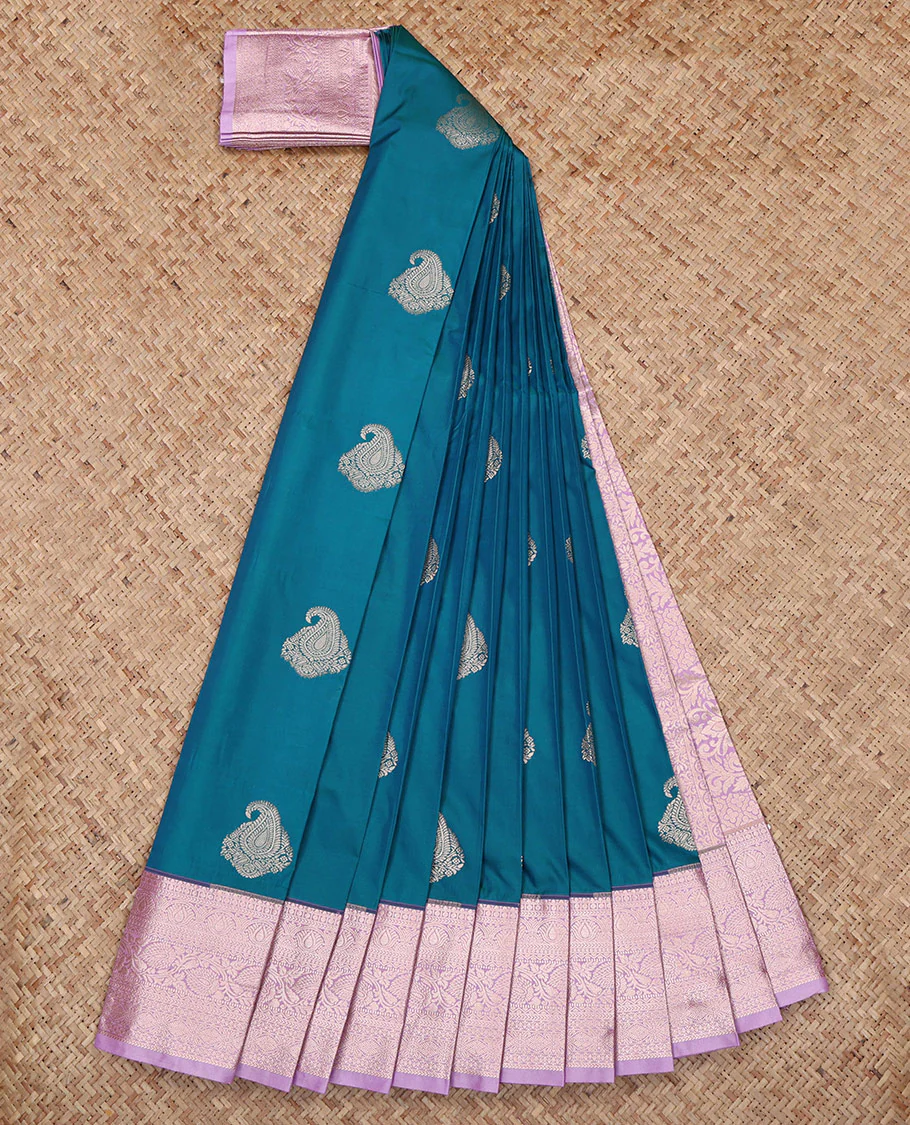 Blue Budget Silk Saree, Bedecked with Paisley Buttas All Over Its Body, Complemented by a Contrast Traditional Zari Design Rettai Pettu Border, Intricate Pallu, and Paired with a Contrast Blouse - Image 2