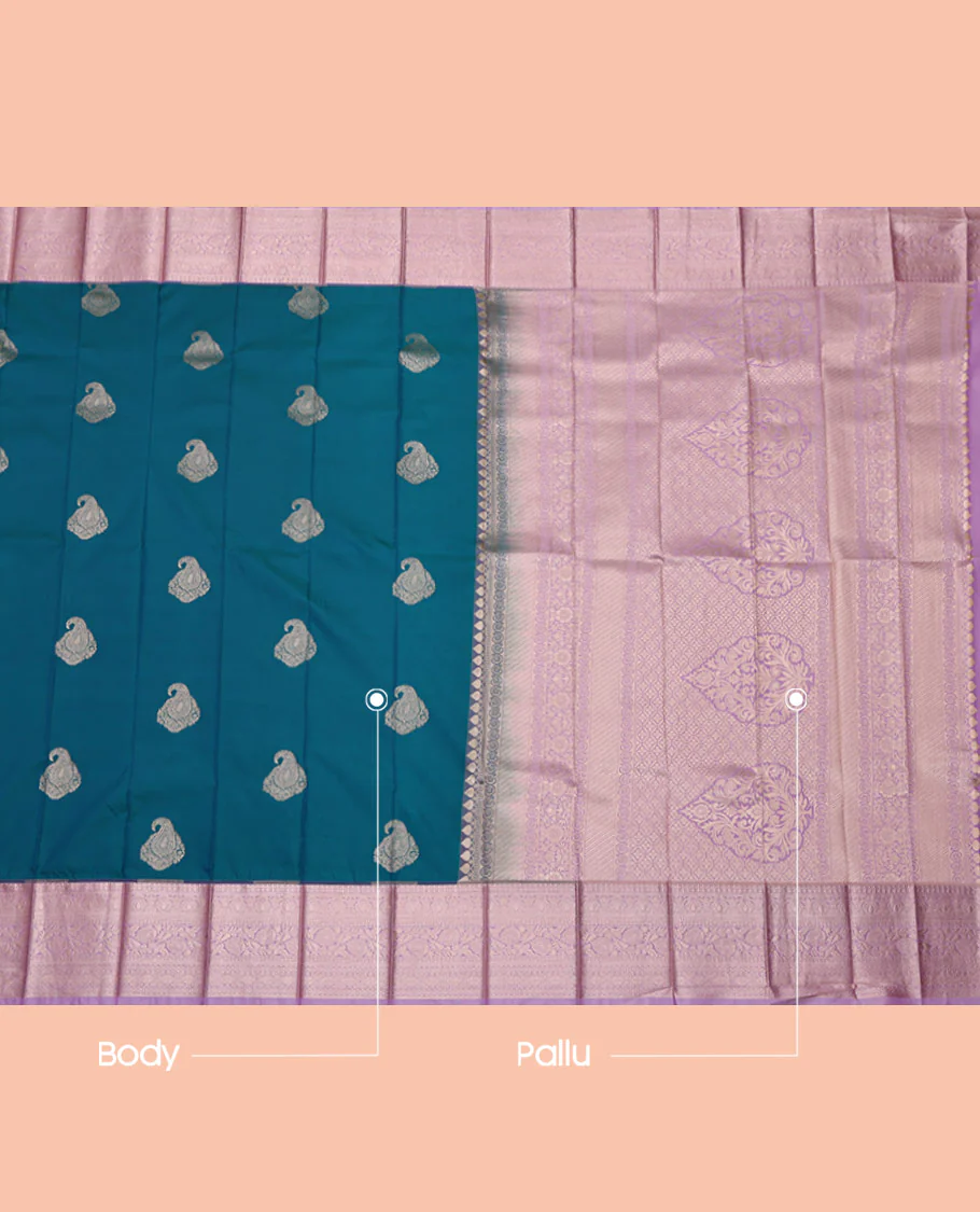 Blue Budget Silk Saree, Bedecked with Paisley Buttas All Over Its Body, Complemented by a Contrast Traditional Zari Design Rettai Pettu Border, Intricate Pallu, and Paired with a Contrast Blouse - Image 3