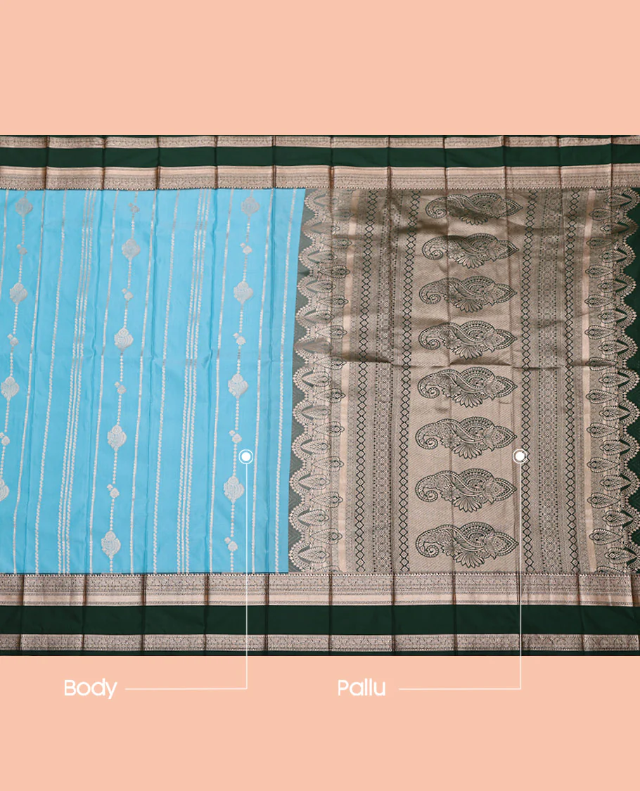 Blue Budget Silk Saree, Decked Up with Zari Designs All Over Its Body, Complemented by a Contrast Traditional Zari Design Rettai Pettu Border, Intricate Pallu, and Paired with a Contrast Blouse - Image 3