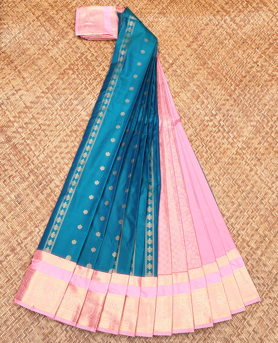 Blue Budget Silk Saree, Elevated with Zari Buttas on Its Body, Complemented by a Contrast Traditional Zari Design Rettai Pettu Border, Subtle Zari Woven Pallu, and Paired with a Contrast Blouse - Image 2