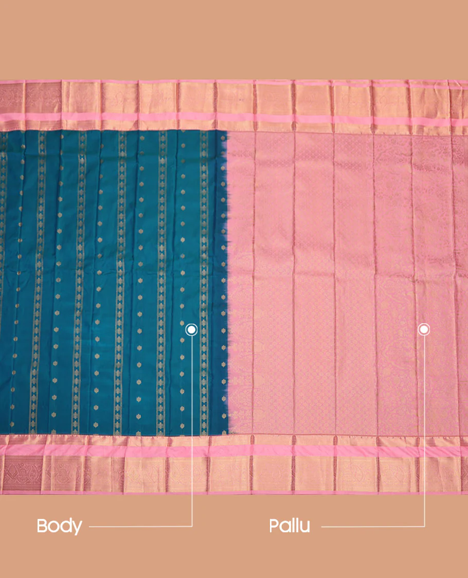 Blue Budget Silk Saree, Elevated with Zari Buttas on Its Body, Complemented by a Contrast Traditional Zari Design Rettai Pettu Border, Subtle Zari Woven Pallu, and Paired with a Contrast Blouse - Image 3