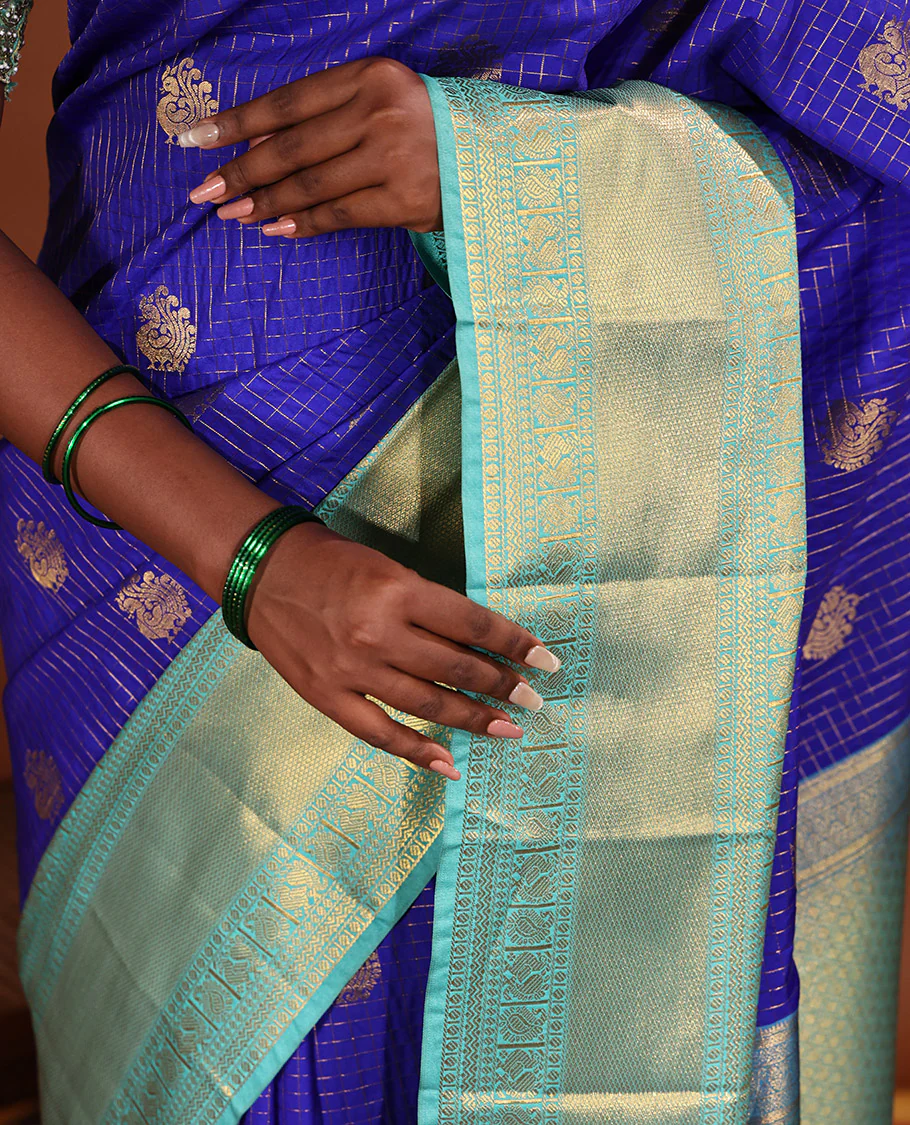 Blue Budget Silk Saree, Enriched with Peacock Buttas and Zari Checked Design on Its Body, Complemented by Contrast Traditional Zari Design Border, Grand Jaal Pallu, and Paired with a Contrast Blouse - Image 5