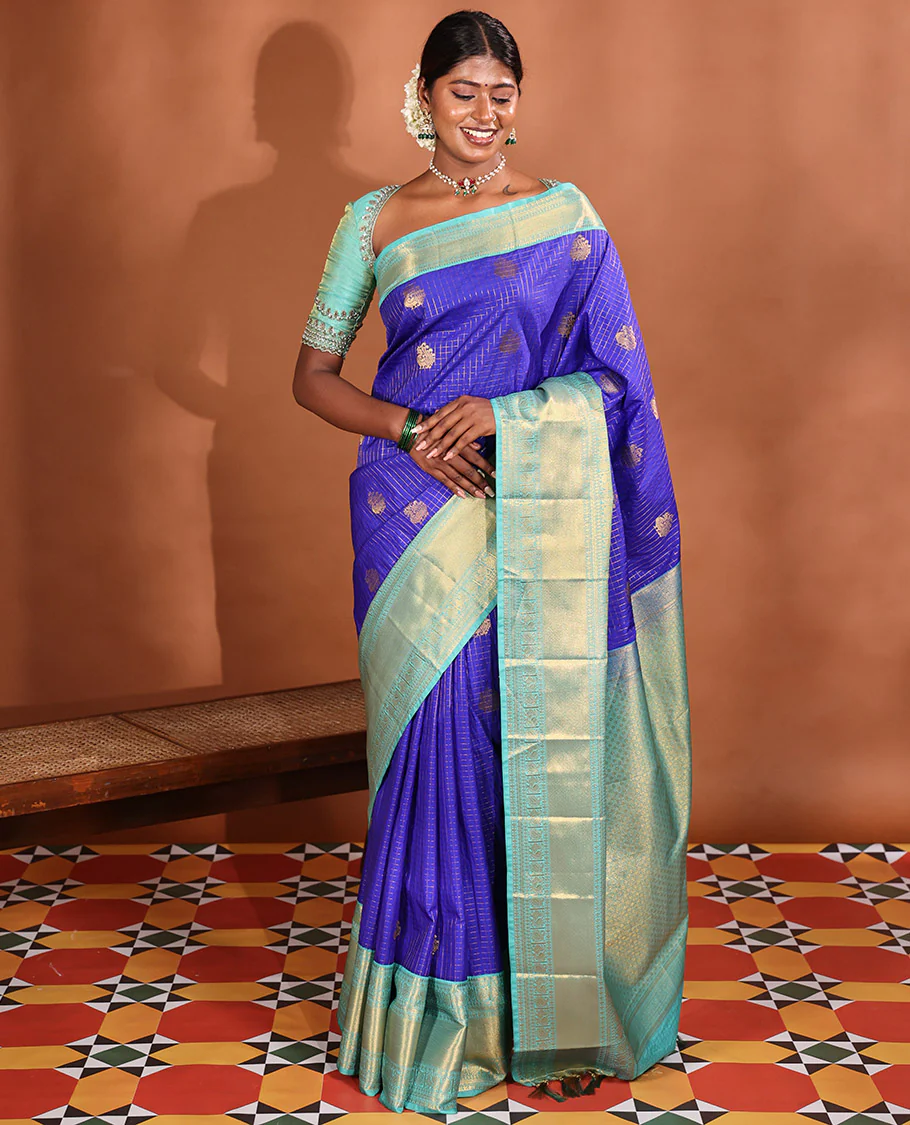 Blue Budget Silk Saree, Enriched with Peacock Buttas and Zari Checked Design on Its Body, Complemented by Contrast Traditional Zari Design Border, Grand Jaal Pallu, and Paired with a Contrast Blouse - Image 7