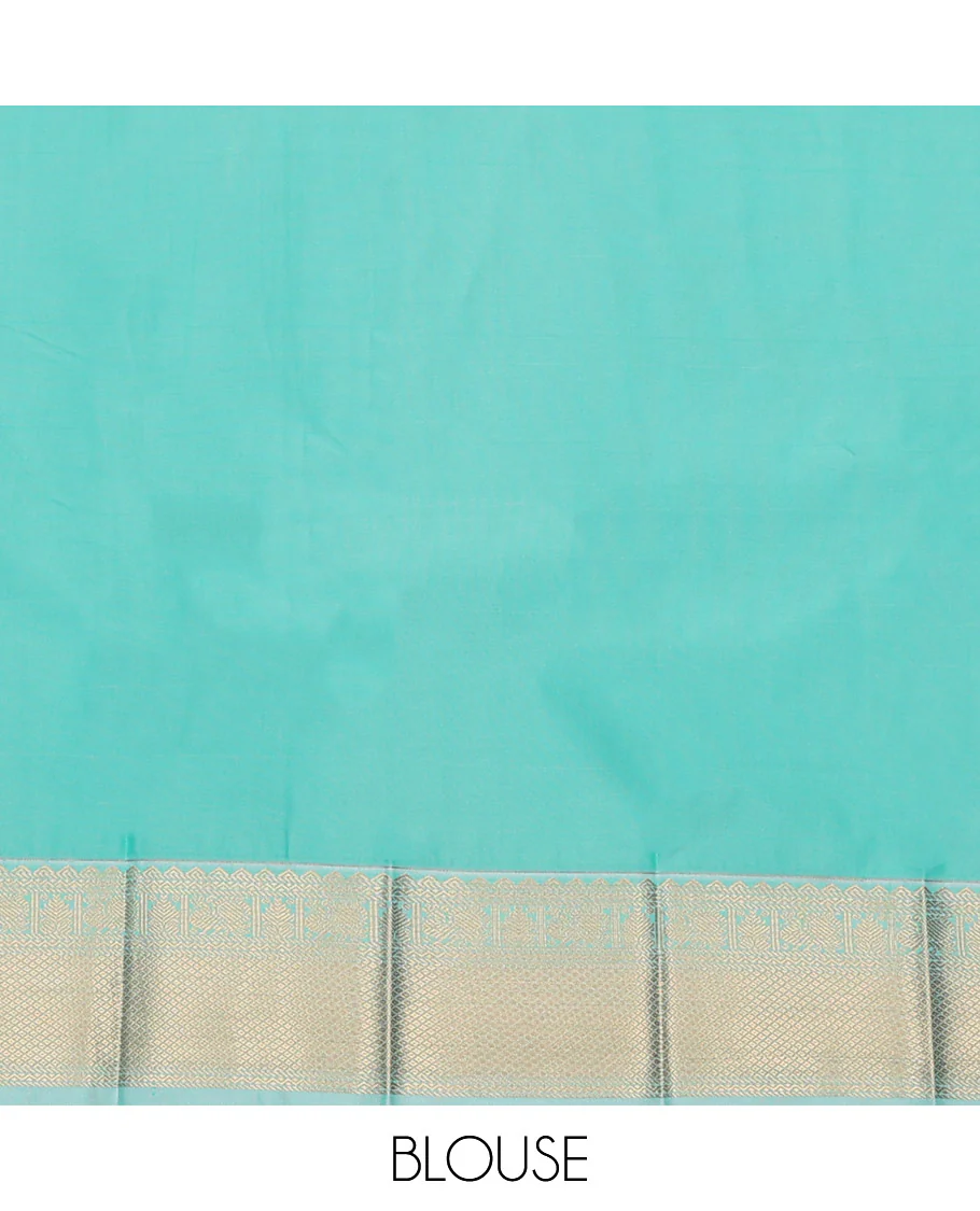 Blue Budget Silk Saree Meticulously Designed with Zari Buttas and Zari Micro-Checks, Complemented by a Contrast Peacock Zari-Woven Border, Pallu Steeped with Geometric Patterns, and Paired with a Contrast Blouse - Image 4