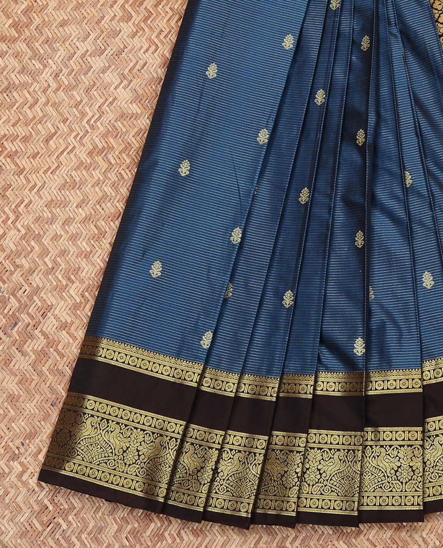 Blue Budget Silk Saree, Ornamented with Zari Buttas and Stripes on Its Body, Complemented by a Contrast Traditional Zari Design Rettai Pettu Border, Intricately Designed Pallu, and Paired with a Contrast Blouse