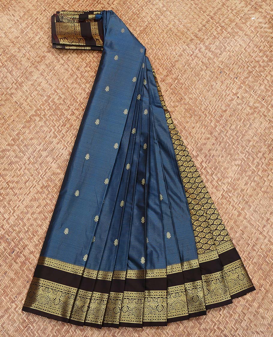 Blue Budget Silk Saree, Ornamented with Zari Buttas and Stripes on Its Body, Complemented by a Contrast Traditional Zari Design Rettai Pettu Border, Intricately Designed Pallu, and Paired with a Contrast Blouse - Image 2